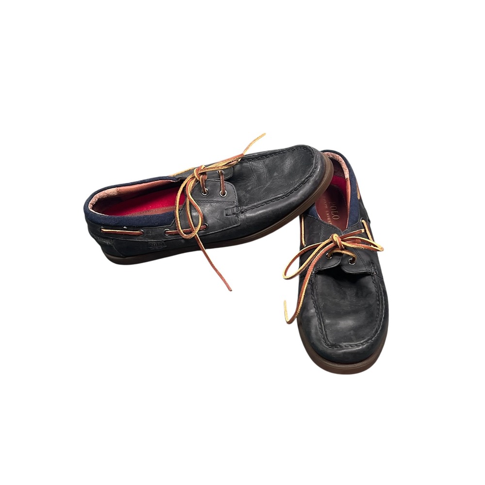 Polo Ralph Lauren Dayne Boat Shoes Mens 10.5D Black Leather Suede Trim